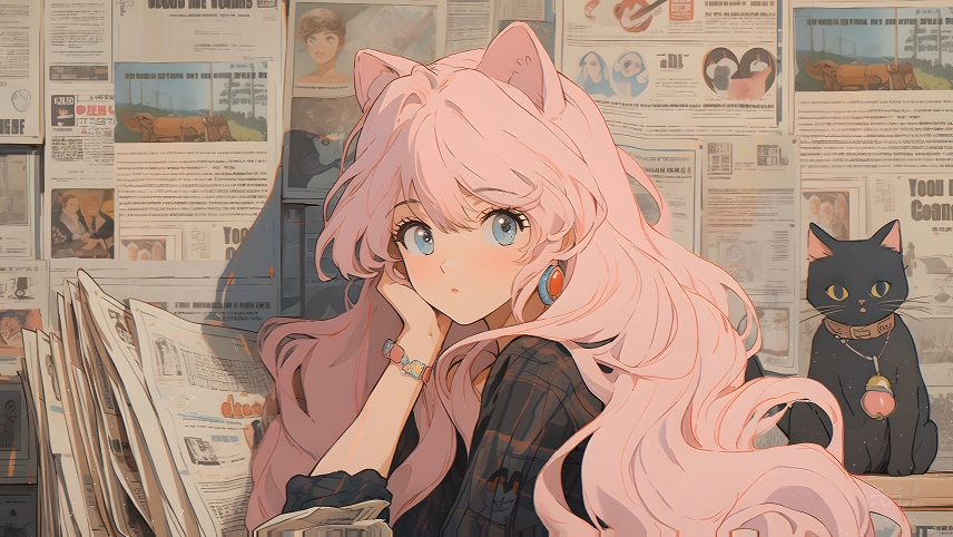 可爱的粉红猫动漫女孩